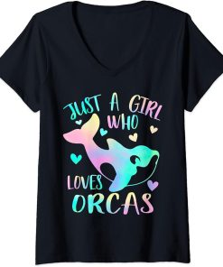 Womens Just a Girl Who Loves Orcas - Cute Orca Lover Themed Girls V-Neck T-Shirt