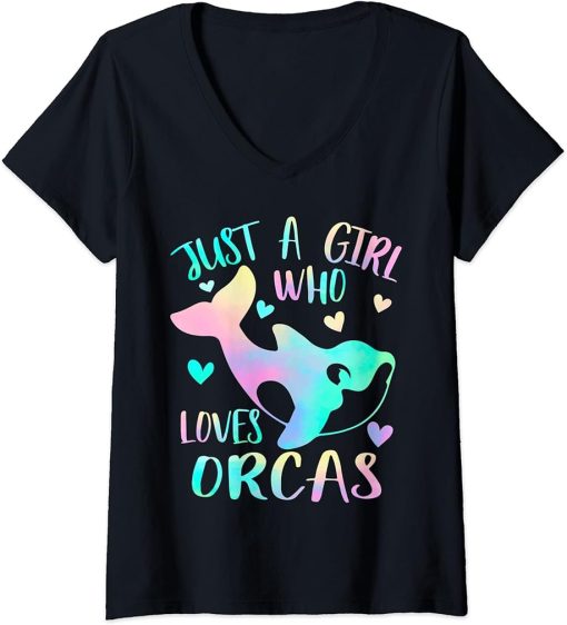 Womens Just a Girl Who Loves Orcas - Cute Orca Lover Themed Girls V-Neck T-Shirt