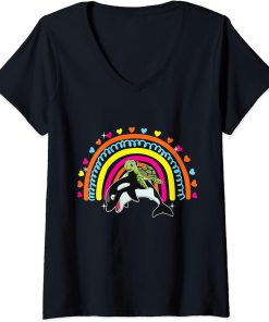 Womens Turtle Riding Orca Funny Zoo Animal Rainbow Hearts Lover V-Neck T-Shirt