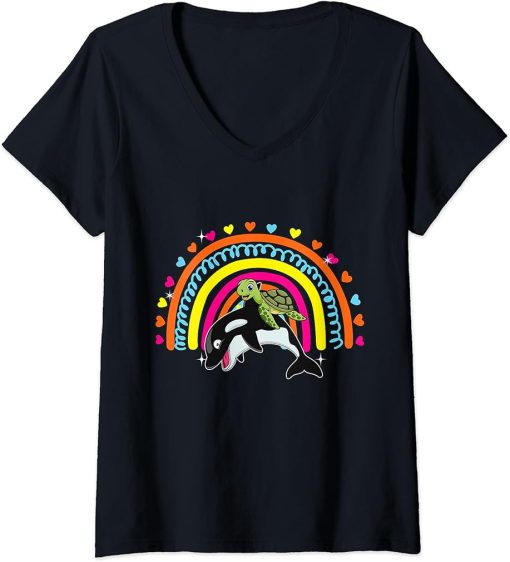 Womens Turtle Riding Orca Funny Zoo Animal Rainbow Hearts Lover V-Neck T-Shirt