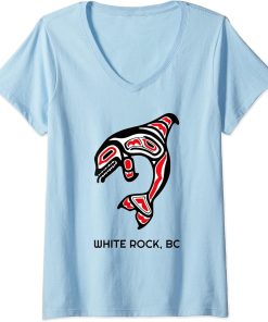 Womens White Rock BC Canada Native Fishermen Orca Killer Whales Art V-Neck T-Shirt