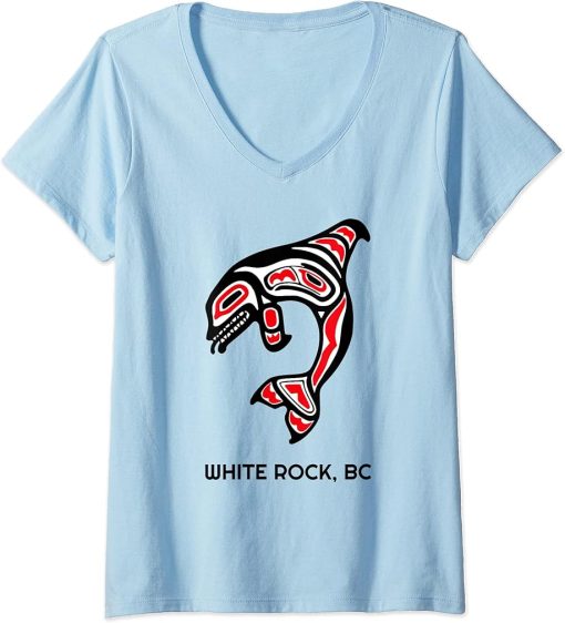 Womens White Rock BC Canada Native Fishermen Orca Killer Whales Art V-Neck T-Shirt