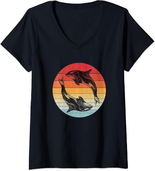 Womens Orca Whale Vintage Family Retro Killer Orcas Women Kids V-Neck T-Shirt