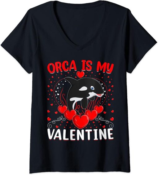 Womens Orca Is My Valentine Heart Shape Orca Fish Valentine V-Neck T-Shirt